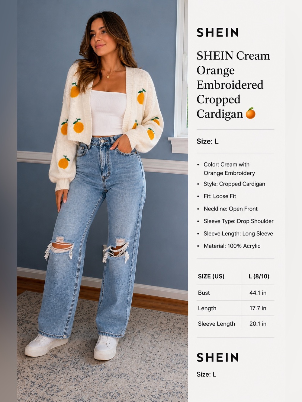 SHEIN Cream Orange Embroidered Cropped Cardigan Size L Cottagecore 🍊
